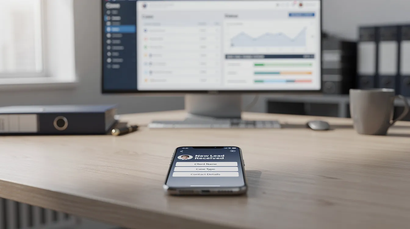 A smartphone rests on a desk, showcasing an incoming lead notification with a law firm CRM interface visible in the background. This image highlights the importance of digital marketing strategies for law firms in acquiring potential clients and managing client relationships effectively.