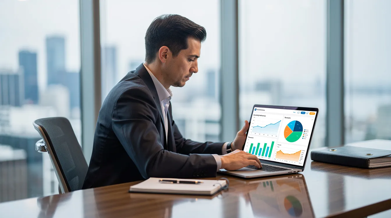 An attorney in a sleek, modern office is focused on a laptop displaying a vibrant analytics dashboard filled with various charts and graphs, illustrating the effectiveness of digital marketing strategies for law firms. This scene highlights the importance of data-driven decision-making in legal digital marketing to attract potential clients and enhance online visibility.
