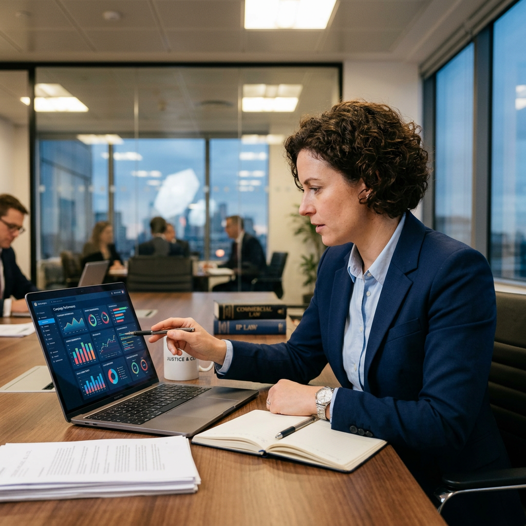 Woman in business attire pointing at financial and business performance graphs on a laptop screen