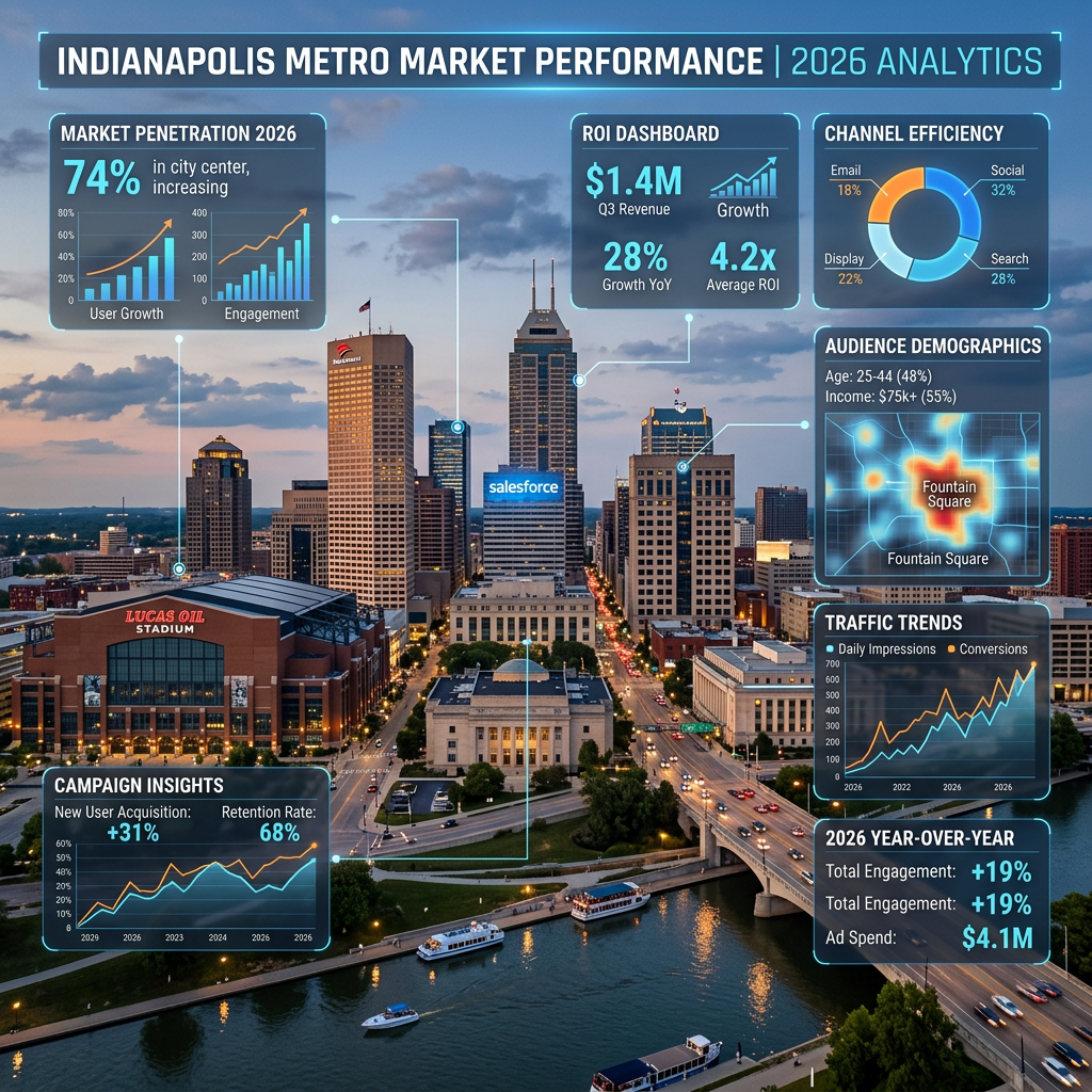 Indianapolis skyline with overlaid market performance data, charts, and campaign insights for 2026