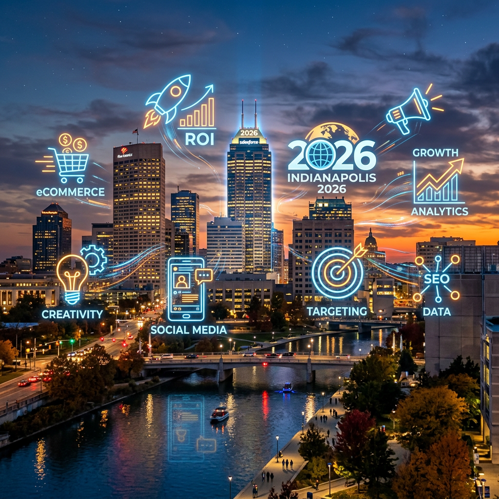 Indianapolis skyline with digital marketing icons representing ROI, eCommerce, social media, targeting, SEO, and analytics