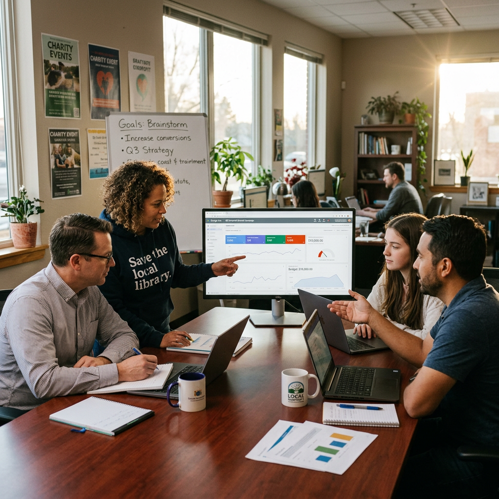 Four colleagues discussing data displayed on a large monitor in an office meeting.