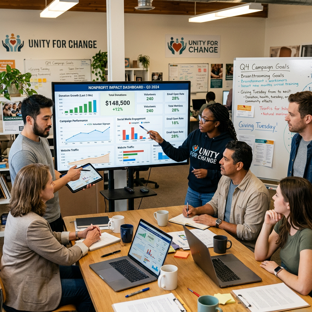 Team reviewing nonprofit impact dashboard showing donations, volunteers, social media engagement, and website traffic data