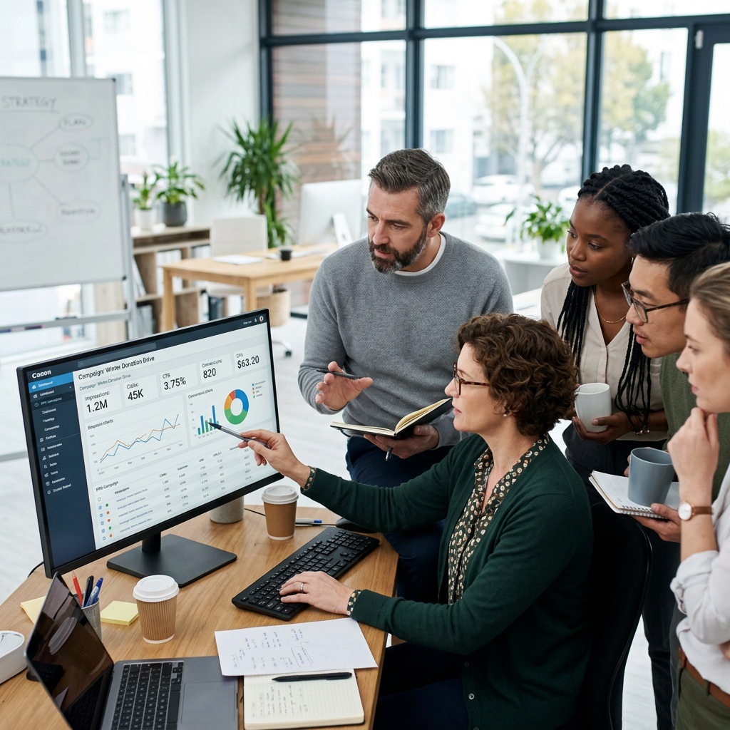 Team reviewing campaign analytics with charts and graphs on computer screen