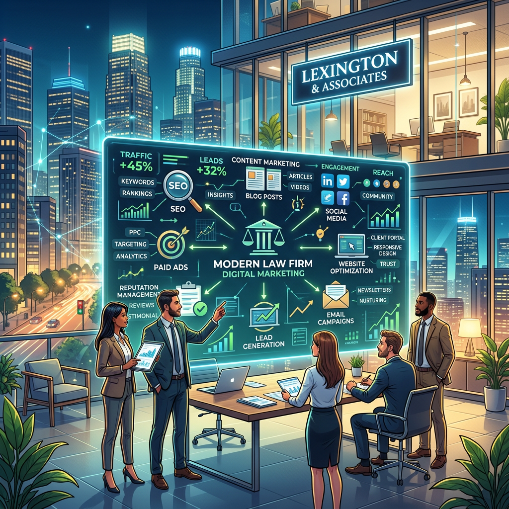 Law firm team reviewing digital marketing concepts and statistics on a large digital screen.