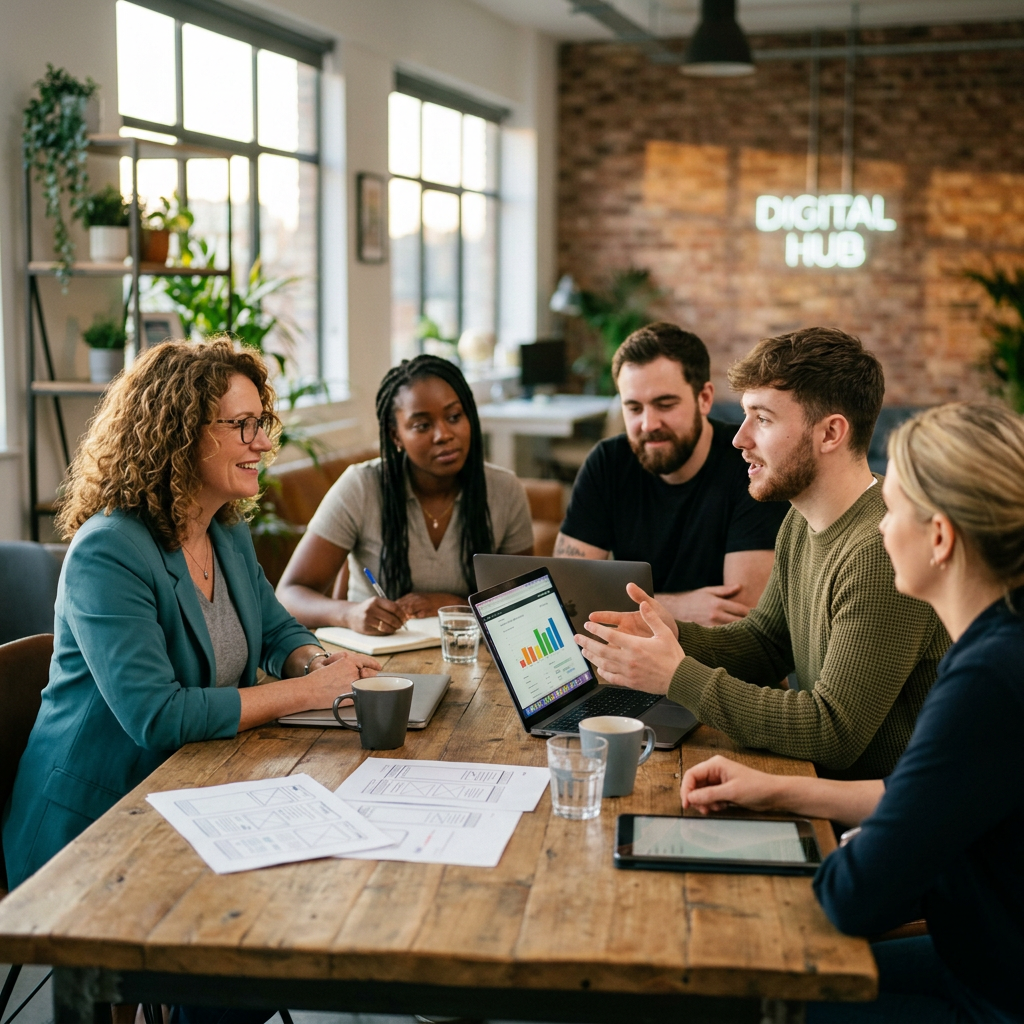 Five colleagues collaborating in an office meeting with laptop and documents