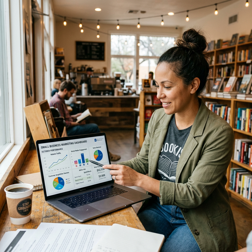 Woman pointing at small business marketing dashboard on laptop in cafe