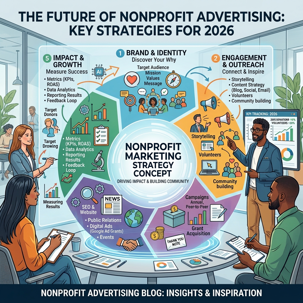 Diagram showing five key nonprofit marketing strategies for 2026 including brand identity, engagement, grant acquisition, SEO, and impact measurement.