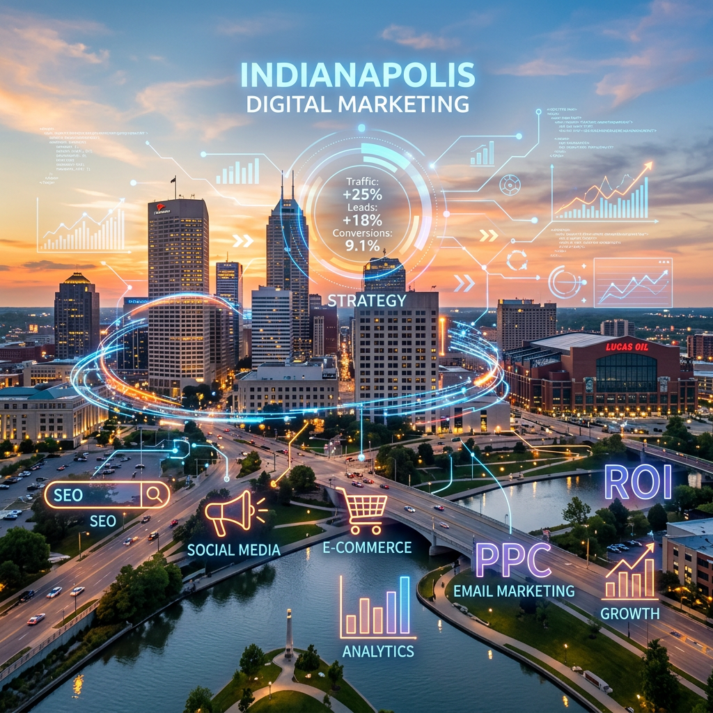 Indianapolis skyline at sunset with digital marketing icons and statistics