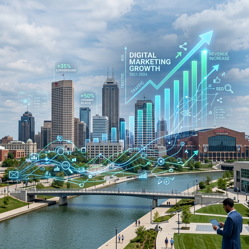 City skyline with digital marketing growth charts and data overlays