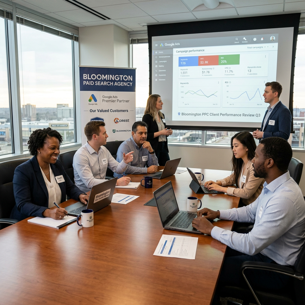 Business team discusses Google Ads campaign results in meeting room