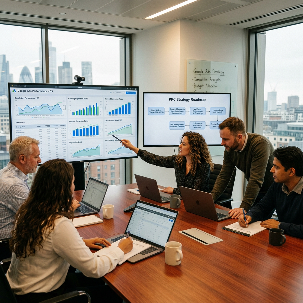 Marketing team reviewing Google Ads dashboards and PPC strategy roadmap