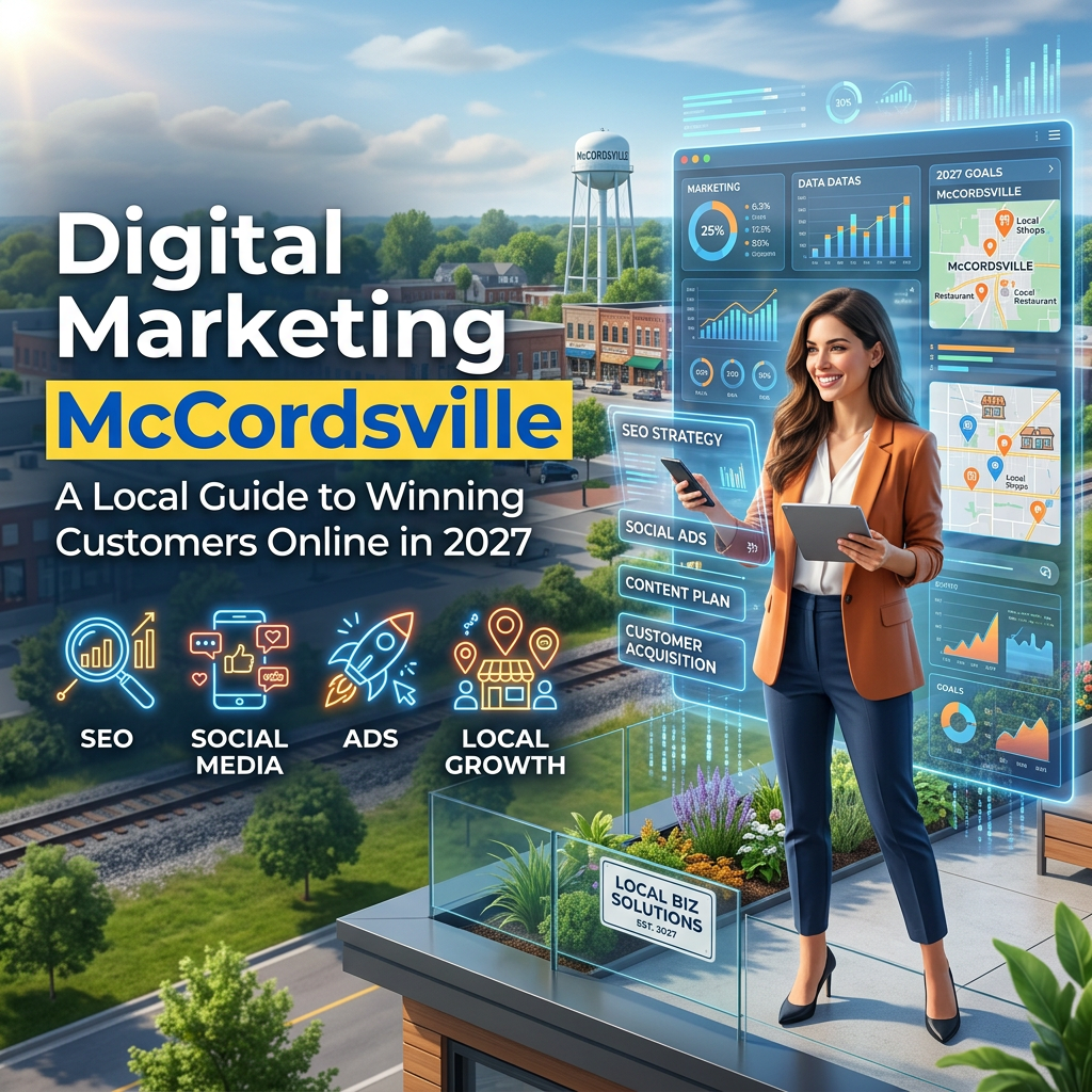 Digital Marketing McCordsville; A Local Guide to Winning Customers Online in 2027; SEO, Social Media, Ads, Local Growth; SEO Strategy, Social Ads, Content Plan, Customer Acquisition; Local Biz Solutions.