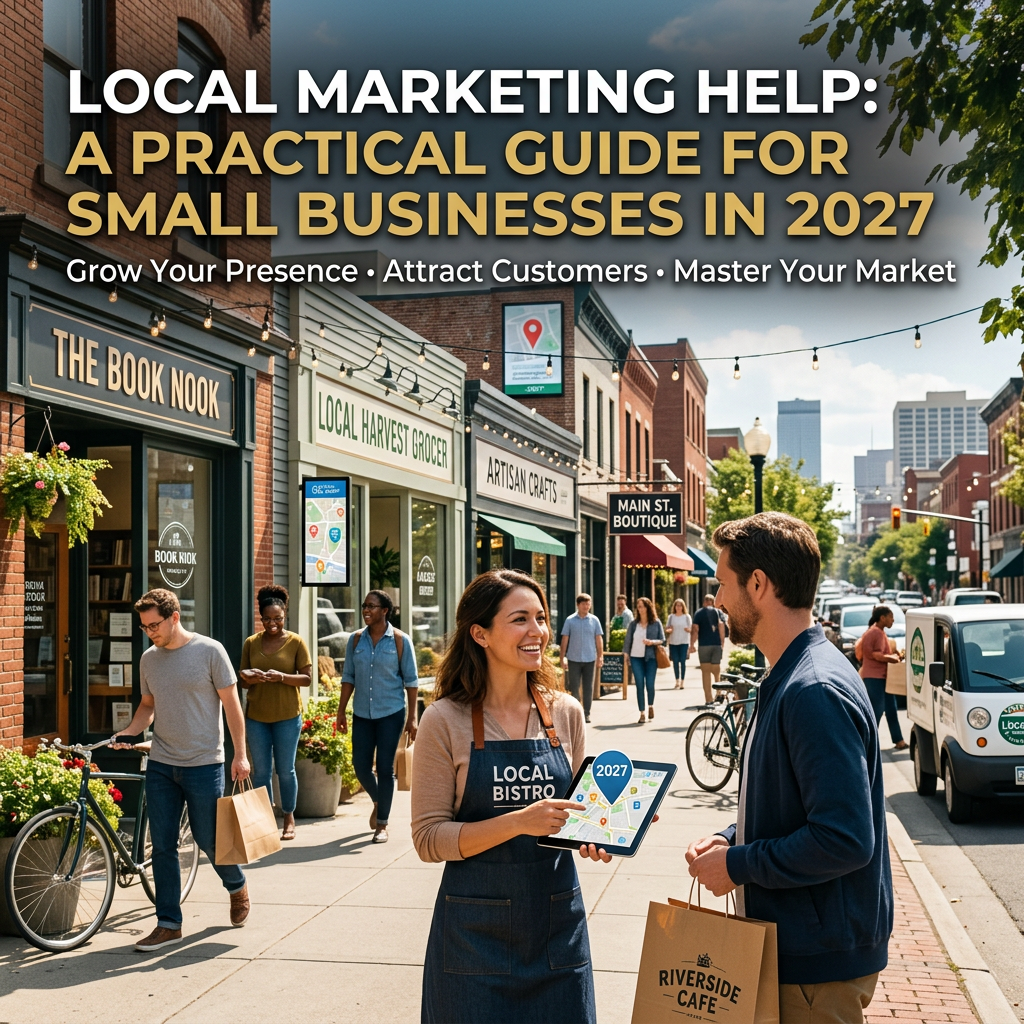 Text reads “LOCAL MARKETING HELP: A PRACTICAL GUIDE FOR SMALL BUSINESSES IN 2027” and “Grow Your Presence • Attract Customers • Master Your Market,” above a street scene with local shops, shoppers, and a business owner holding a map tablet.