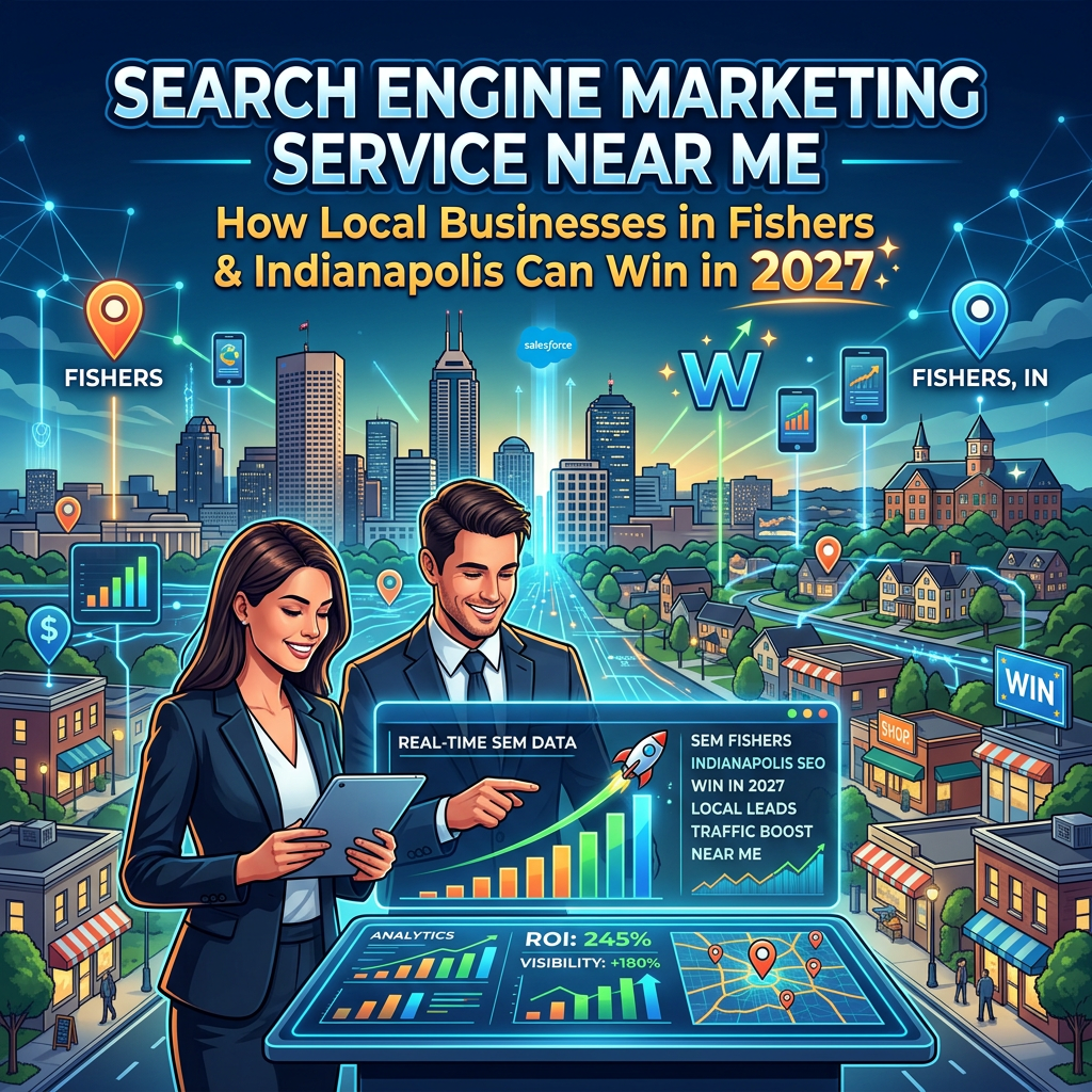 Search Engine Marketing Service Near Me; local SEO strategy for Fishers and Indianapolis in 2027; real-time SEM data, analytics, ROI 245%, visibility +180%.